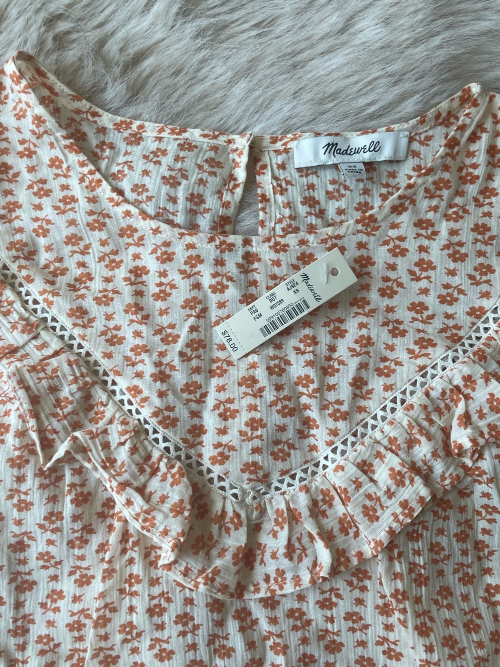 Madewell Ruffle Yoke Prairie Blouse in Orange Cutout Blooms Print - Picture 1 of 5